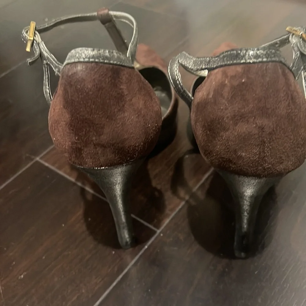 Gently Loved Ralph Lauren Chocolate Brown Suede  T Strap Heels - Picture 4 of 8